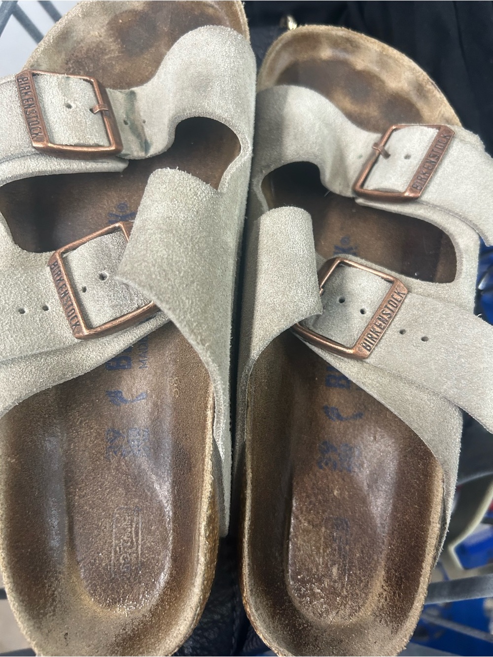 Birkenstock Women's Suede Two-Strap Sandals in Light Gray size 8